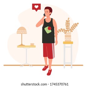 The guy with the phone stands on the background of the interior, furniture in a flat style. A man looks at the phone. Vector illustration.