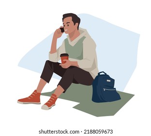 The guy with the phone. The student is sitting on the grass and talking on the phone. A man is resting and drinking coffee. Vector image.