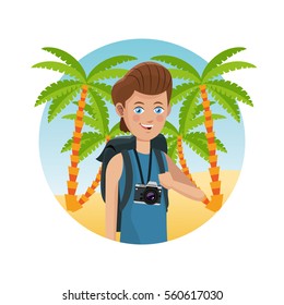 guy photo camera backpack palm sand beach