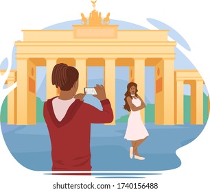 Guy photographs his girlfriend on the phone while traveling in Europe. Vector scene illustration.