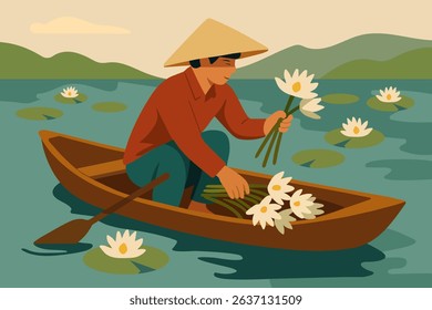 A guy picks lilies in a boat. Vector stock illustration eps10.