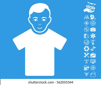 Guy pictograph with bonus drone tools clip art. Vector illustration style is flat iconic white symbols on blue background.