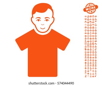 Guy pictograph with bonus human design elements. Vector illustration style is flat iconic orange symbols on white background.