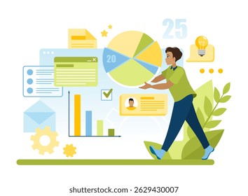 A guy with a pie chart in his hands against a background of graphs and documents in the form of a statistics table. Presentation of a business project, planning a company's strategy in cartoon style