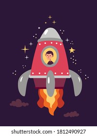A guy in a pink rocket flies into space. Concept of space exploration, discovery, interstellar travel, trip or journey.