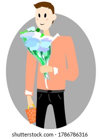 
a guy in a pink shirt is holding a gift and a bouquet of flowers to give a girl