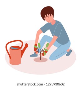 Guy plants a plant. Work in the garden. Vector illustration in flat style on white isolated background.
