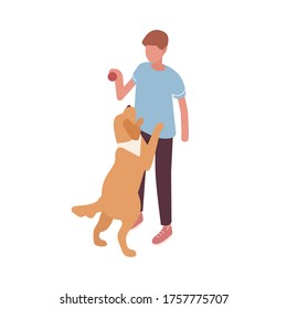 Guy playing with dog hold ball vector isometric illustration. Colorful owner and pet having fun together isolated on white. Doggy stand on rear paws. Friendship between man and domestic animal