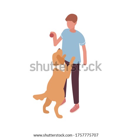 Guy playing with dog hold ball vector isometric illustration. Colorful owner and pet having fun together isolated on white. Doggy stand on rear paws. Friendship between man and domestic animal