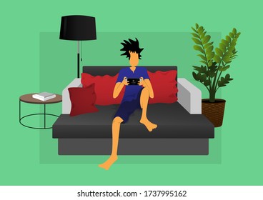 a guy playing game on sofa