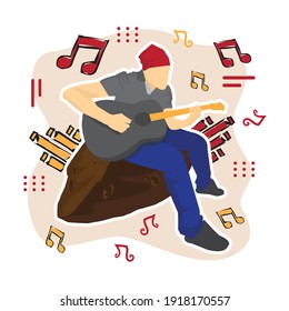 Guy playing guitar, music theme flat character vector illustration on white background.