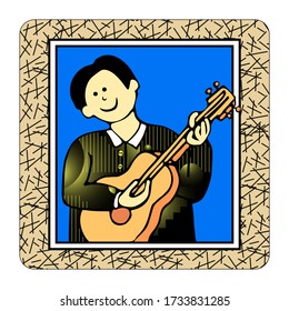 The guy is playing guitar through his room window. The boy performs with the window open. Man creates music, learns. Time at home. Quarantine. Hand drawn vector