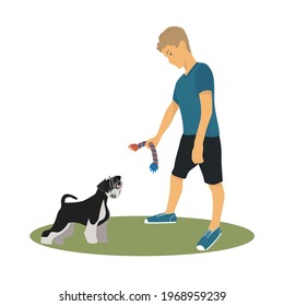 The guy is playing with his miniature schnauzer. Vector flat style illustration for animal shelter or dog walking site or promotional material.
