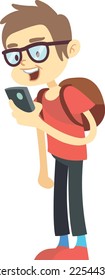 Guy playing mobile game. Cartoon kid with smartphone