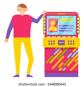 Guy playing retro arcade game machine isolated on white. Happy smiling young man wearing colorful clothes spending free time in gaming room vector, gaming computer machinery