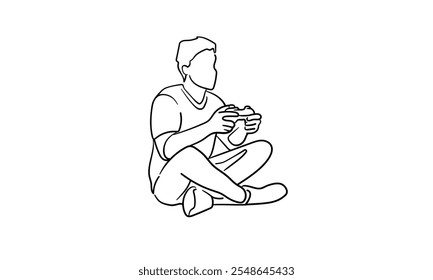 Guy playing video game, continuous line art drawing isolated on white background. Game console. Vector illustration