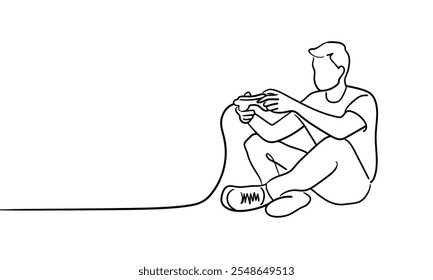 Guy playing video game, continuous line art drawing isolated on white background. Game console. Vector illustration