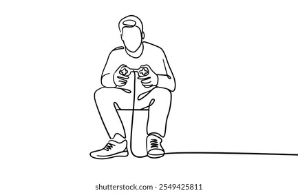 Guy playing video game, continuous line art drawing isolated on white background. Game console. Vector illustration