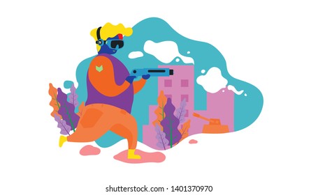 A Guy Playing Virtual Reality Game, Vector Illustration In Isolated White Background, suitable for landing page, ui, web banners, mobile apps intro card, print, news editorial, flyer, and event