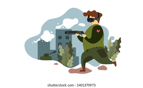 A Guy Playing Virtual Reality Game, Vector Illustration In Isolated White Background, suitable for landing page, ui, web banners, mobile apps intro card, print, news editorial, flyer, and event
