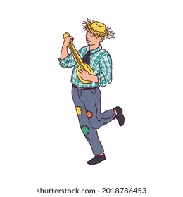 The guy plays the banjo and dances traditional quadrilha dance. Brazilian June festival-Festa Junina. Vector cartoon illustration isolated on a white background.