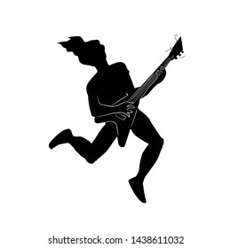 The guy plays the guitar. Black and white isolated silhouette with contour. Vector illustration for music festival.