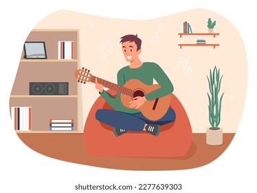 Guy plays guitar. Man sits in apartment with musical instrument. Creativity and art, musician and guitarist in house presents new song. Hobby and leisure. Cartoon flat vector illustration