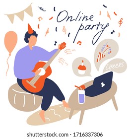 Guy plays guitar at online party. Quarantine parties, video conferences for remote communication, alcoholic online party. Doodle hand drawn vector illustration