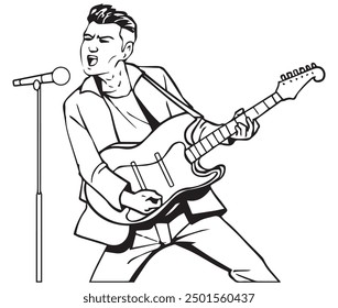 A guy plays guitar and sing. Illustration in black and white and vector format. Please note that this illustration is not AI Generated content.