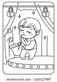 Guy Plays The Saxophone. Chibi Character Performs On Stage. Outline Illustration. Coloring Page.