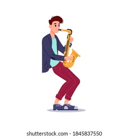 Guy plays saxophone isolated flat-cartoon musician. Vector saxophonist playing on blowing musical instrument, jazzman orchestra player with sax. Professional artist musical performer on concert