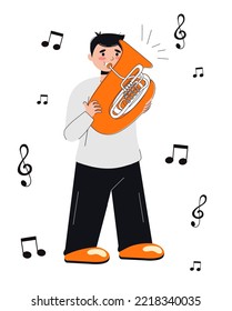 The guy plays the trumpet. Flat style. Character. Vector stock illustration. isolated. Musical instrument.