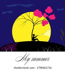 
a guy plays the trumpet under a flowering tree on a summer night against the backdrop of an ogron moon