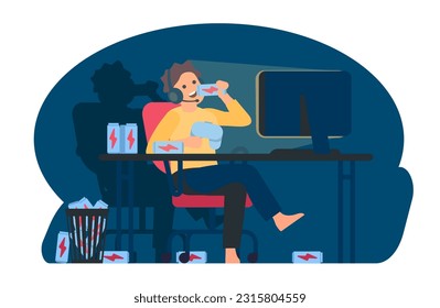 Guy plays video game at night. Man drinks lot of energy beverage. Computer gamer. Boy sitting at desk with joystick. Gaming addiction. Unhealthy lifestyle. Addicted