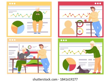 Guy plays video games holding joystick in hands. Woman office worker analyzes graph, checks indicators. Friends playing cards sitting at the table. Family games scenes set vector in flat design