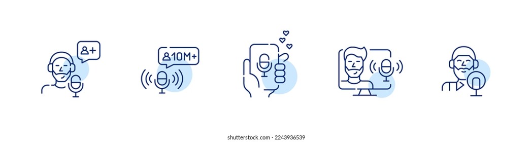 Guy podcast blogger icons set. Pixel perfect, editable stroke art