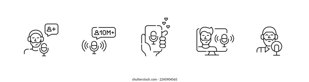 Guy podcast blogger icons set. Pixel perfect, editable stroke designs