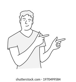 Guy pointing away hands together and showing or presenting something while standing and smiling. Hand drawn vector illustration.