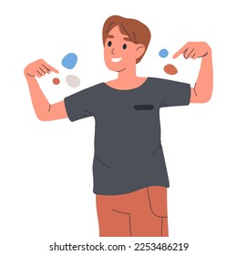 El tipo apuntando hacia sí mismo. Carácter masculino que indica y señala con el dedo índice, hombre alegre apuntando hacia la ilustración vectorial plana lateral sobre fondo blanco