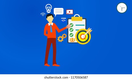 a guy pointing at target marketing theme with bulb and other icons over head