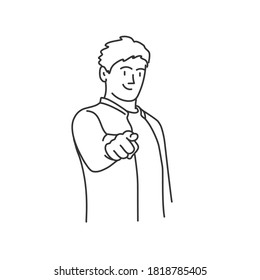 Guy pointing at you forefinger. White background. Vector line.