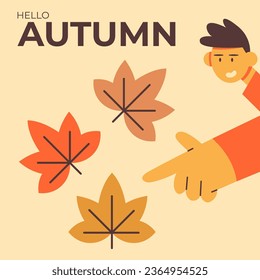 Guy points his finger at the beautiful colorful autumn leaves that are falling. Banner flat vector illustration. Autumn nature.