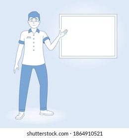 Guy points with his hand to a blank whiteboard, a man shows a report. Vector illustration in flat style.