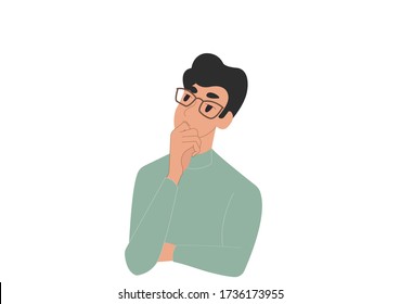 The guy ponders the choice, looking for a solution, pensive facial expression, isolated on a white background. Vector illustration, flat cartoon design, eps 10.