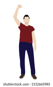 Guy portrait, one hand raised up, flat vector on white background, faceless illustration