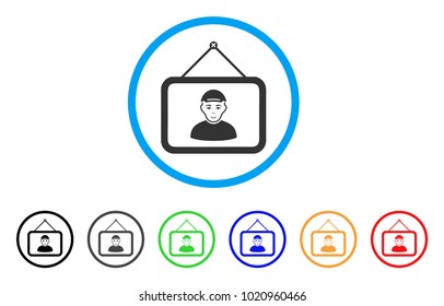 Guy Portrait rounded icon. Style is a flat guy portrait grey symbol inside light blue circle with black, gray, green, blue, red, orange color versions. Glad guy portrait vector icon.