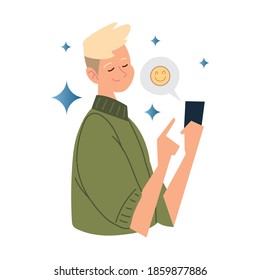 retrato de tipo con la cháchara de smartphone burbuja de voz con la ilustración portadora de emoji