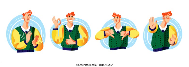 Guy with positive and negative emotions set. Man shows thumbs up or down, like, okay, no, stop. Collection of hand gesture expressions. Vector character illustration of communication