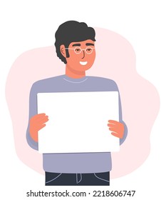 A guy with a poster in his hands. A student, a young man holds a banner with a copy space. Vector graphics.