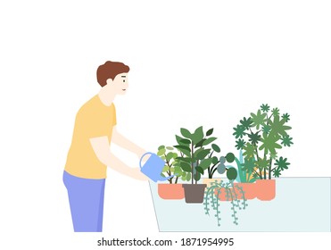Guy pours flowers on white background, a vector chart